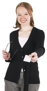 Woman holding out a business card
