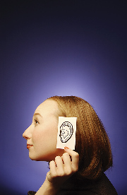 Woman listening facing left